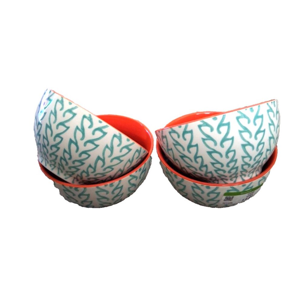 BAUM TANGIER SOUP CEREAL BOWL Aqua White Orange 5 3/4" SET OF 4 Bowls